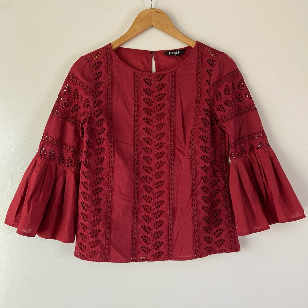 Express Red Lace Bell Sleeved Boxy Crop Blouse